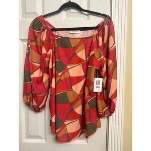 First Love by Lovelyn Geometric Mosaic Off Shoulder Balloon Sleeve Blouse L NEW